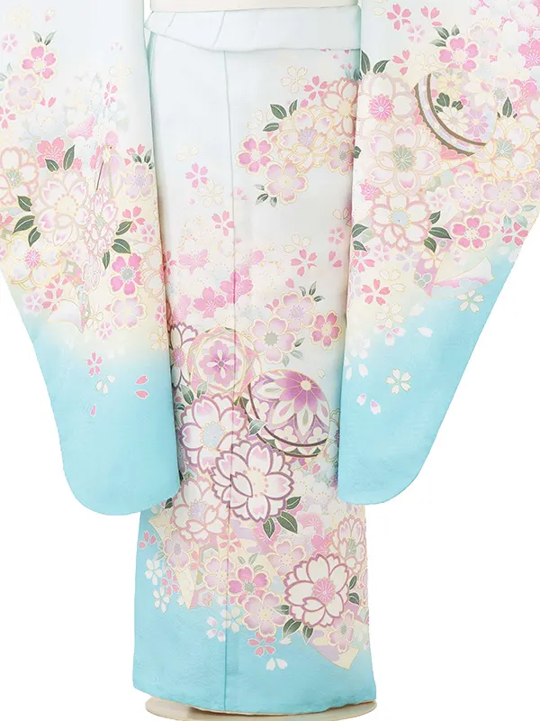 七五三レンタル(7歳女児結び帯) 水色 熨斗目に桜 Z806