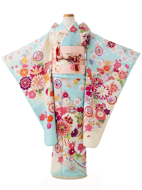 七五三レンタル(7歳女児結び帯) 水色 四季花くす玉 Z807