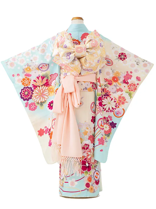 七五三レンタル(7歳女児結び帯) 水色 四季花くす玉 Z807