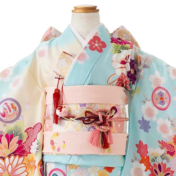 七五三レンタル(7歳女児結び帯) 水色 四季花くす玉 Z807