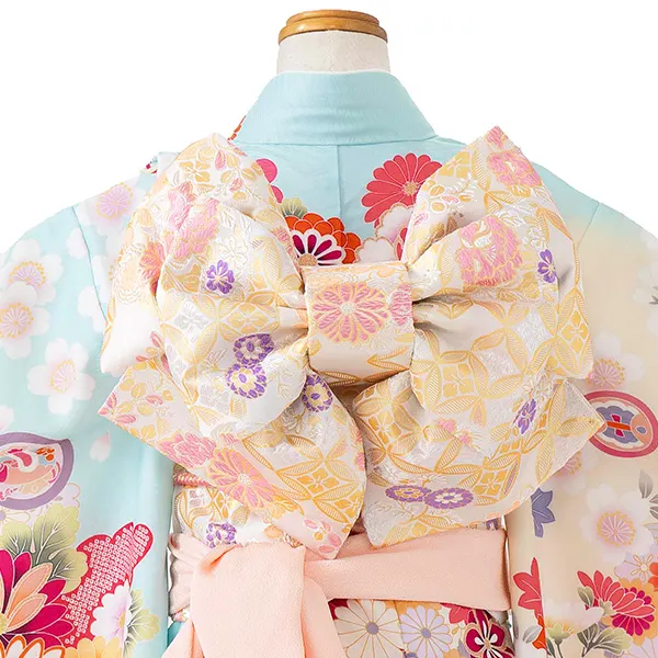 七五三レンタル(7歳女児結び帯) 水色 四季花くす玉 Z807