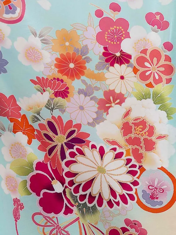 七五三レンタル(7歳女児結び帯) 水色 四季花くす玉 Z807