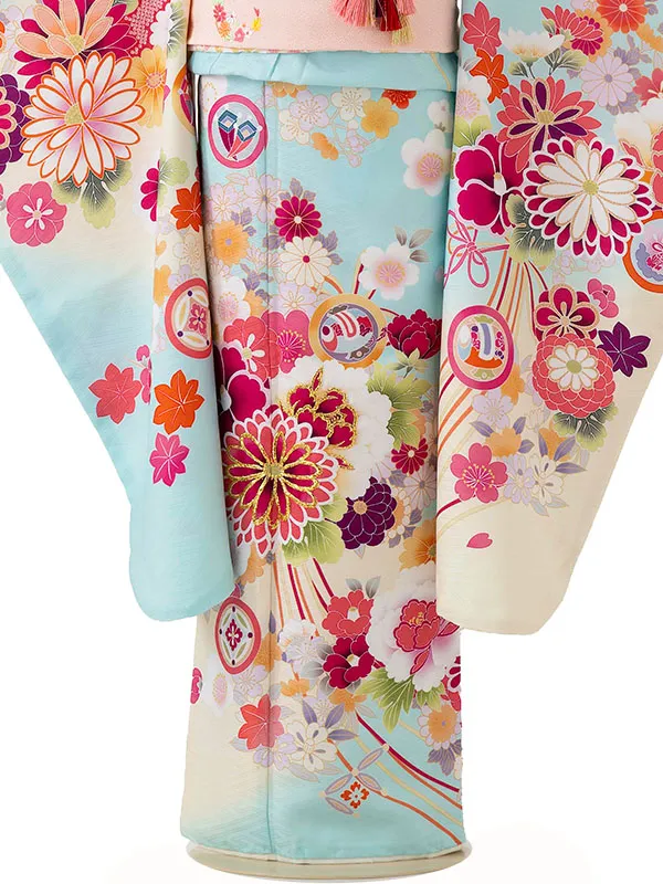 七五三レンタル(7歳女児結び帯) 水色 四季花くす玉 Z807