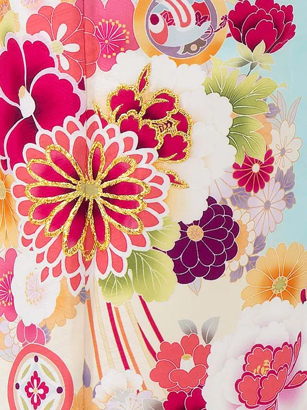 七五三レンタル(7歳女児結び帯) 水色 四季花くす玉 Z807