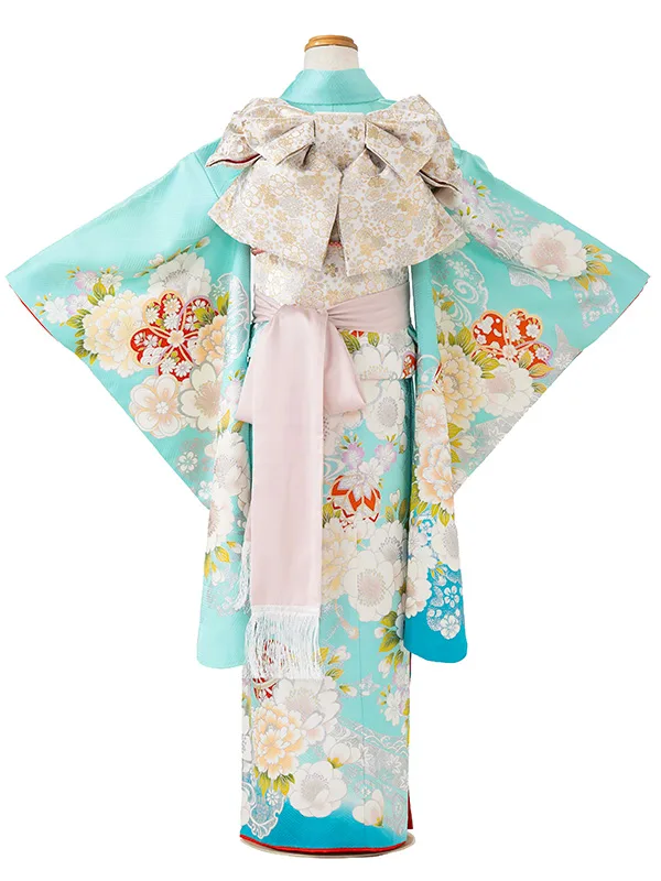 【正絹】七五三レンタル(7歳女児結び帯)水色 金彩牡丹 Z810