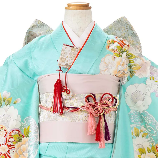 【正絹】七五三レンタル(7歳女児結び帯)水色 金彩牡丹 Z810