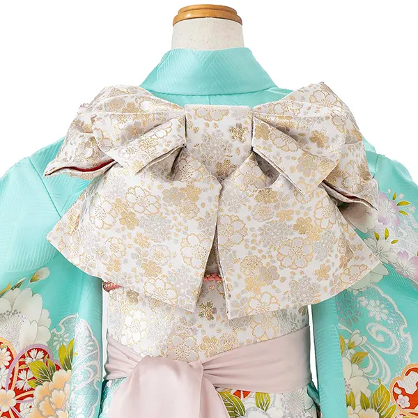 【正絹】七五三レンタル(7歳女児結び帯)水色 金彩牡丹 Z810