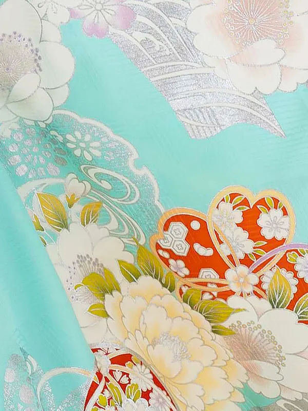 【正絹】七五三レンタル(7歳女児結び帯)水色 金彩牡丹 Z810