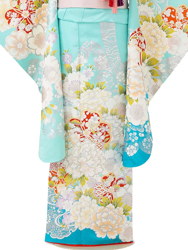 【正絹】七五三レンタル(7歳女児結び帯)水色 金彩牡丹 Z810