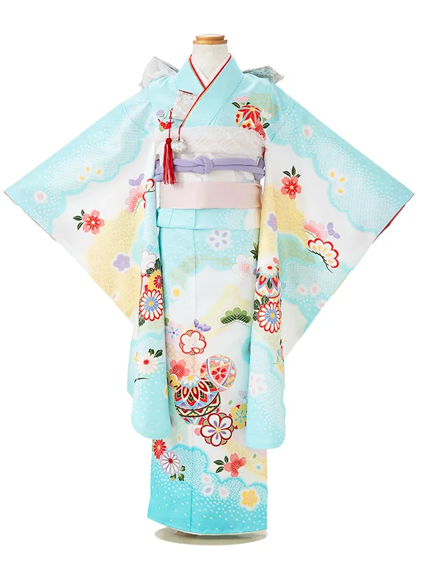 七五三レンタル(7歳女児結び帯)水色 鹿の子にまりと四季花 Z812