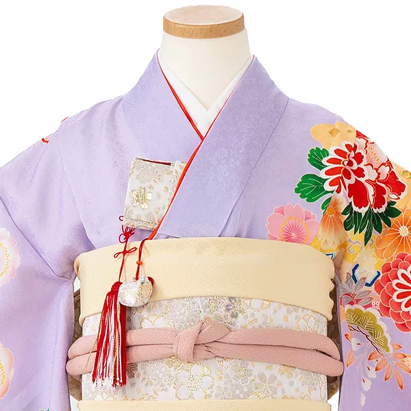 【正絹】七五三レンタル(7歳女児結び帯)藤色 菊牡丹 四季花 Z814