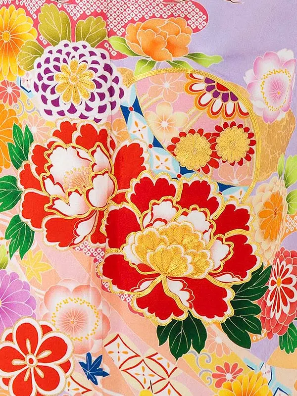 【正絹】七五三レンタル(7歳女児結び帯)藤色 菊牡丹 四季花 Z814