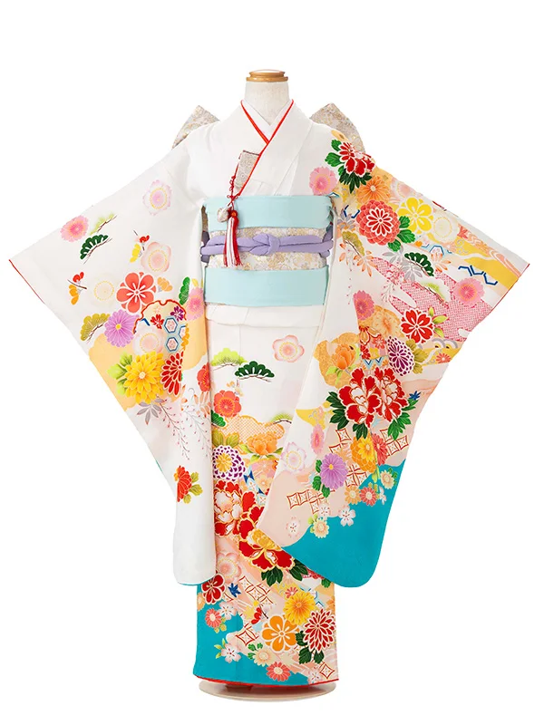 【正絹】七五三レンタル(7歳女児結び帯)白 熨斗に菊牡丹 Z815
