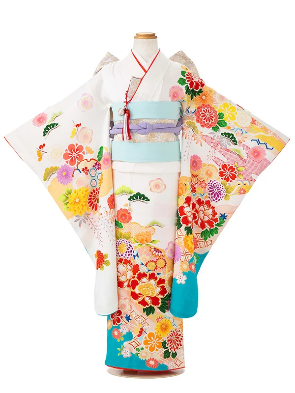【正絹】七五三レンタル(7歳女児結び帯)白 熨斗に菊牡丹 Z815