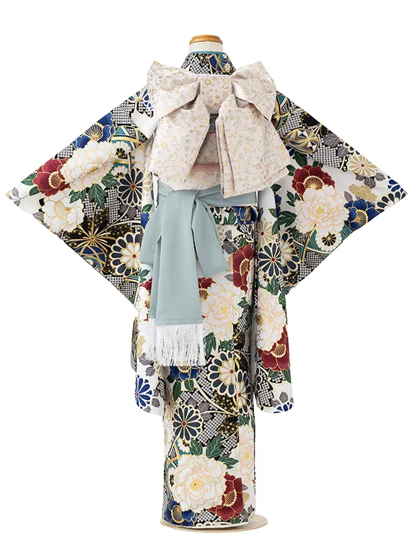 七五三レンタル(7歳女児結び帯)花わらべ 白 菊牡丹 Z820