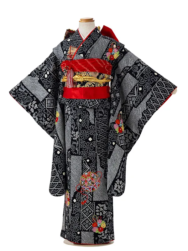 【正絹】七五三レンタル(6歳7歳女児結び帯)黒 疋田手絞り くす玉刺繍 Z824