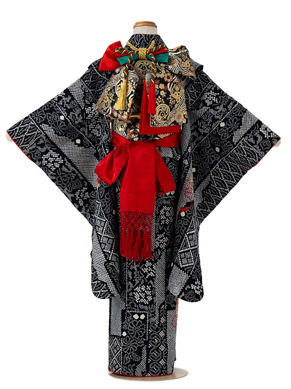 【正絹】七五三レンタル(6歳7歳女児結び帯)黒 疋田手絞り くす玉刺繍 Z824