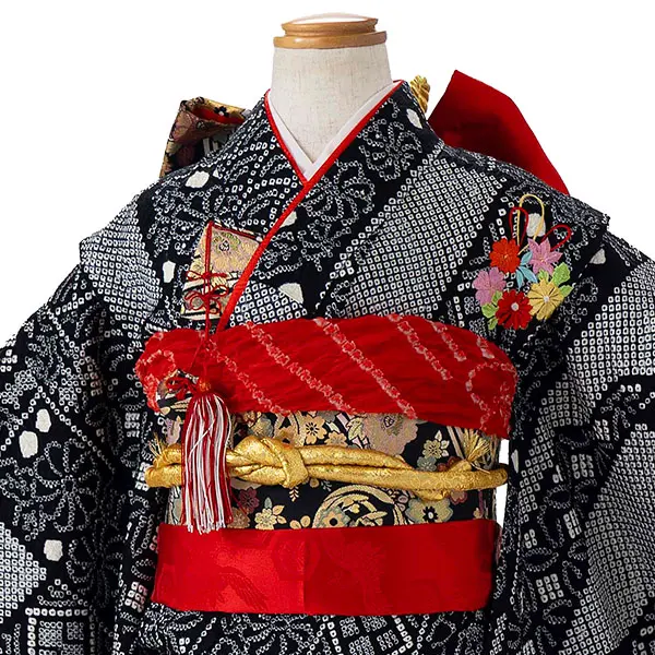 【正絹】七五三レンタル(6歳7歳女児結び帯)黒 疋田手絞り くす玉刺繍 Z824