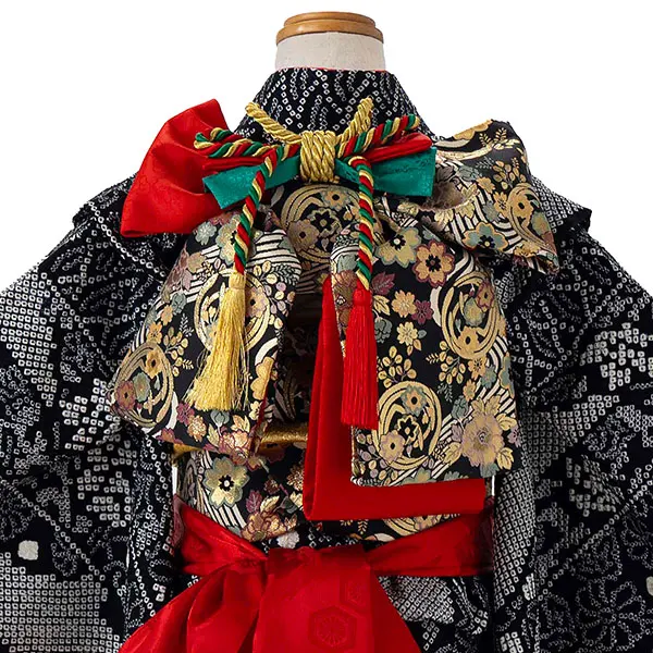 【正絹】七五三レンタル(6歳7歳女児結び帯)黒 疋田手絞り くす玉刺繍 Z824