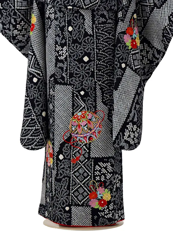 【正絹】七五三レンタル(6歳7歳女児結び帯)黒 疋田手絞り くす玉刺繍 Z824