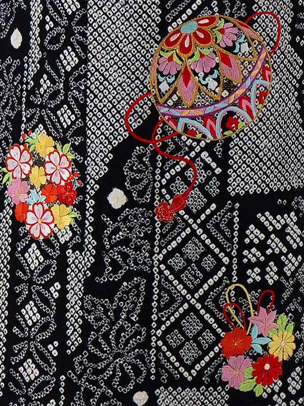 【正絹】七五三レンタル(6歳7歳女児結び帯)黒 疋田手絞り くす玉刺繍 Z824