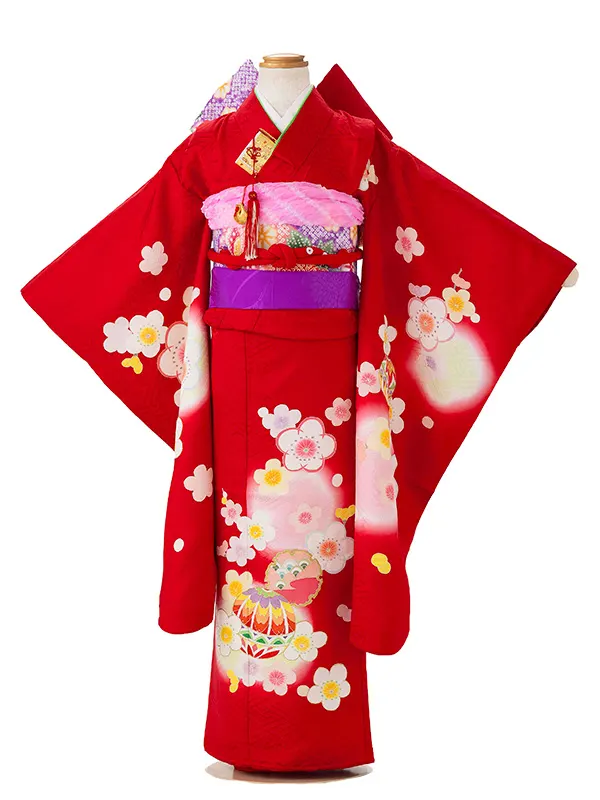 【正絹】七五三レンタル(6歳7歳女児結び帯)赤 梅にまり手描き友禅 Z825