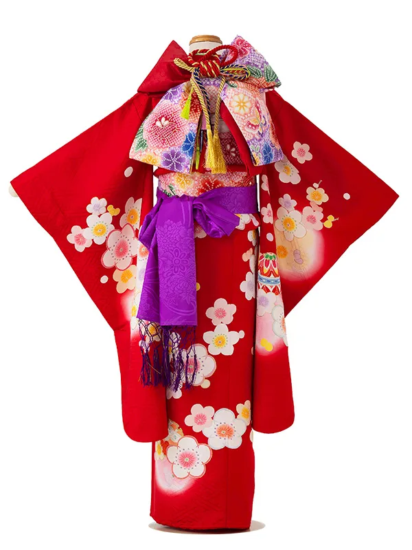 【正絹】七五三レンタル(6歳7歳女児結び帯)赤 梅にまり手描き友禅 Z825