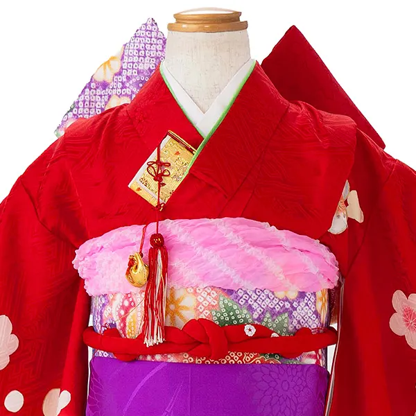 【正絹】七五三レンタル(6歳7歳女児結び帯)赤 梅にまり手描き友禅 Z825