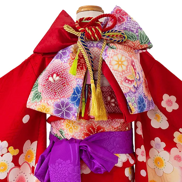 【正絹】七五三レンタル(6歳7歳女児結び帯)赤 梅にまり手描き友禅 Z825