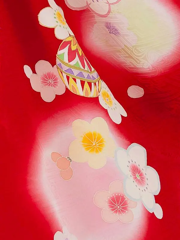 【正絹】七五三レンタル(6歳7歳女児結び帯)赤 梅にまり手描き友禅 Z825