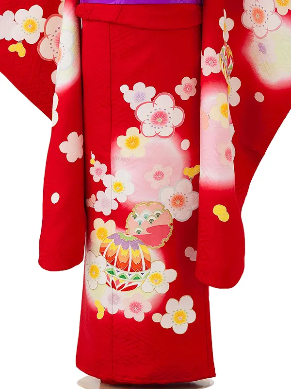 【正絹】七五三レンタル(6歳7歳女児結び帯)赤 梅にまり手描き友禅 Z825