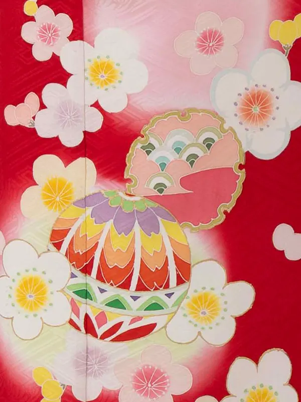 【正絹】七五三レンタル(6歳7歳女児結び帯)赤 梅にまり手描き友禅 Z825