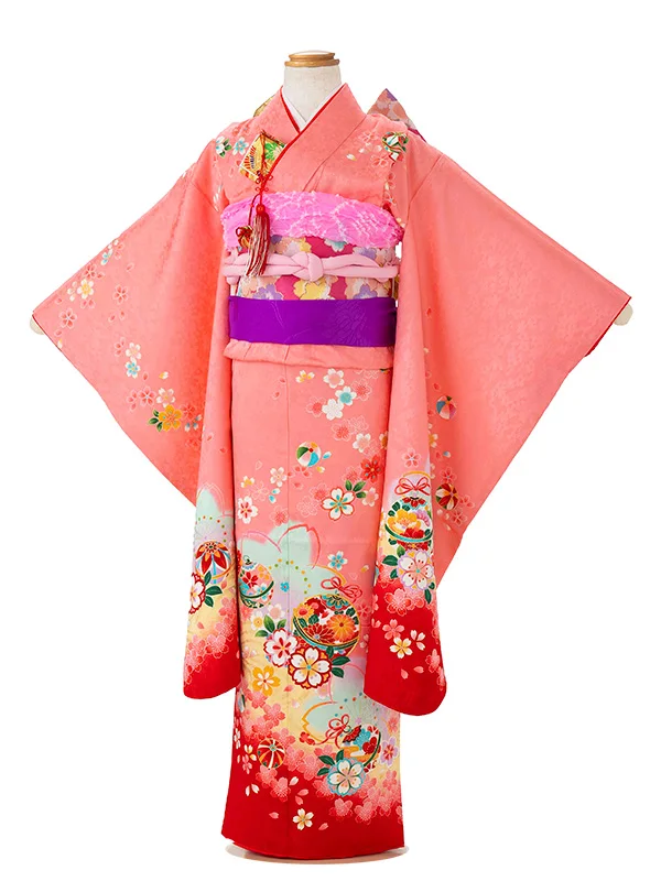【正絹】七五三レンタル(7歳女児結び帯)サーモンピンク 四季花に鈴 Z827