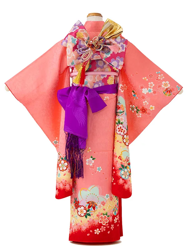 【正絹】七五三レンタル(7歳女児結び帯)サーモンピンク 四季花に鈴 Z827