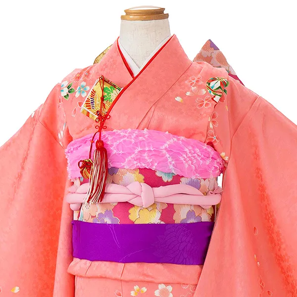 【正絹】七五三レンタル(7歳女児結び帯)サーモンピンク 四季花に鈴 Z827