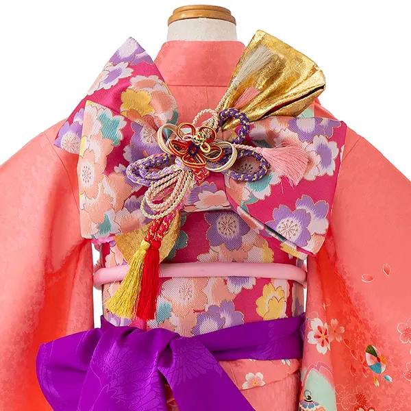 【正絹】七五三レンタル(7歳女児結び帯)サーモンピンク 四季花に鈴 Z827
