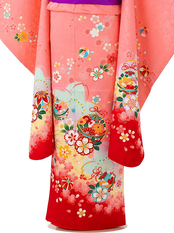 【正絹】七五三レンタル(7歳女児結び帯)サーモンピンク 四季花に鈴 Z827