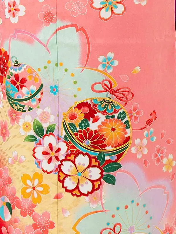 【正絹】七五三レンタル(7歳女児結び帯)サーモンピンク 四季花に鈴 Z827