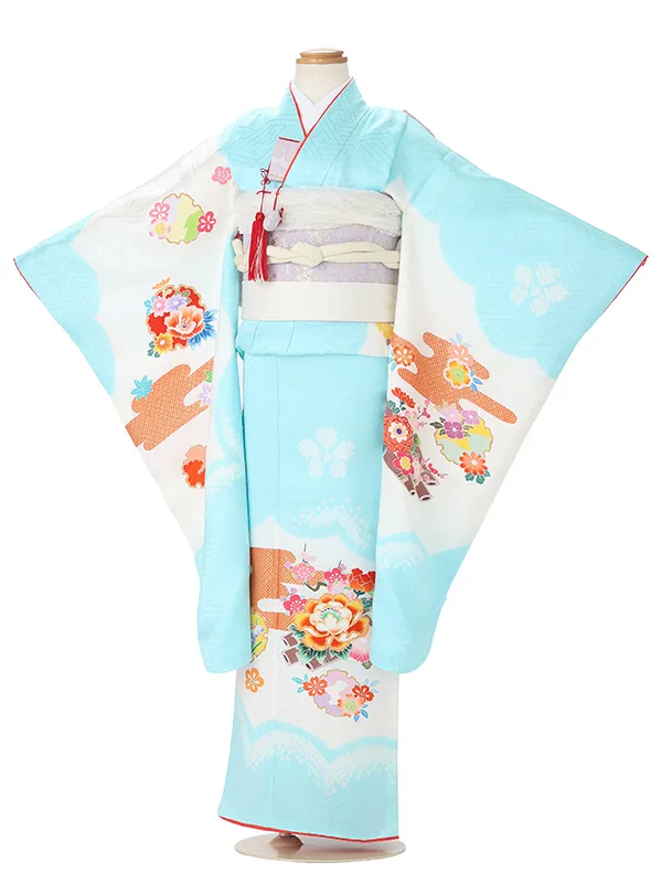 【正絹】七五三レンタル(7歳女児結び帯)水色 雪輪に四季花 Z845