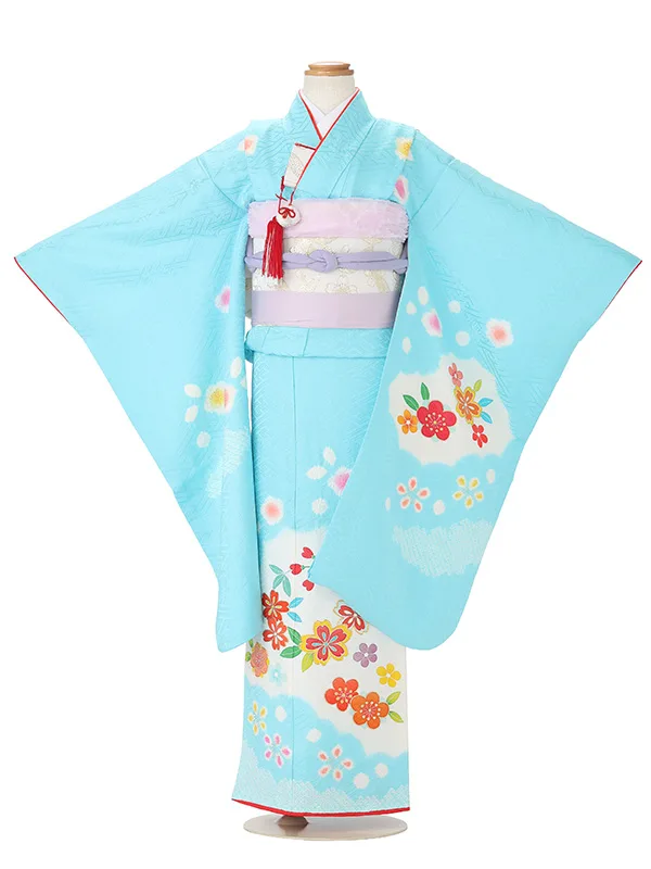 【正絹】七五三レンタル(7歳女児結び帯)水色 梅桜に辻が花 Z846