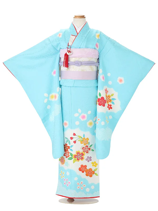 【正絹】七五三レンタル(7歳女児結び帯)水色 梅桜に辻が花 Z846