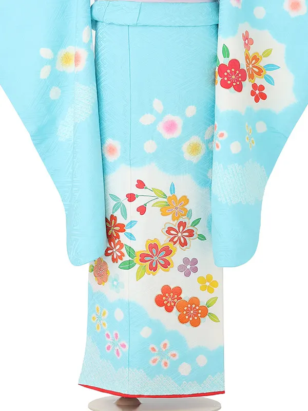 【正絹】七五三レンタル(7歳女児結び帯)水色 梅桜に辻が花 Z846