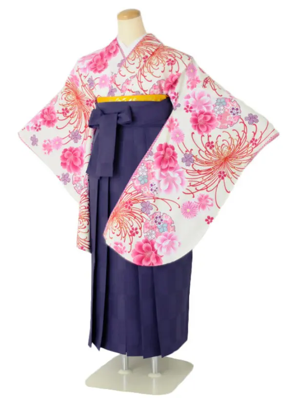 小学生卒業式袴女児c102Kansai白地に菊×市松パープル
