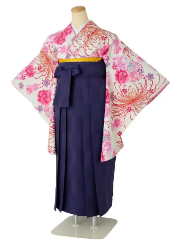 小学生卒業式袴女児c102Kansai白地に菊×市松パープル