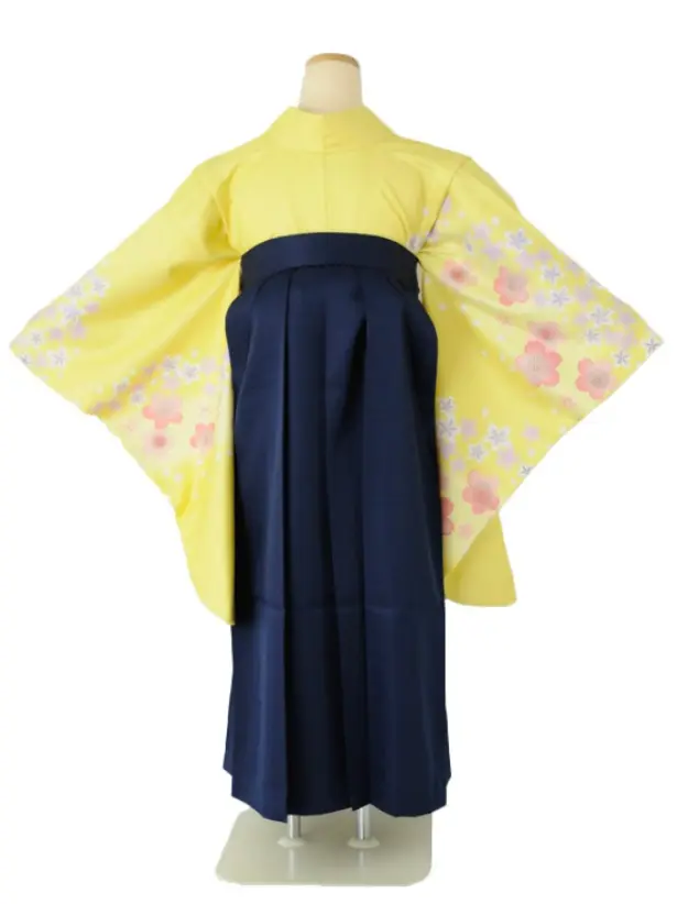 小学生卒業式袴女児 イエローピンク桜×紺桜刺繍 N003