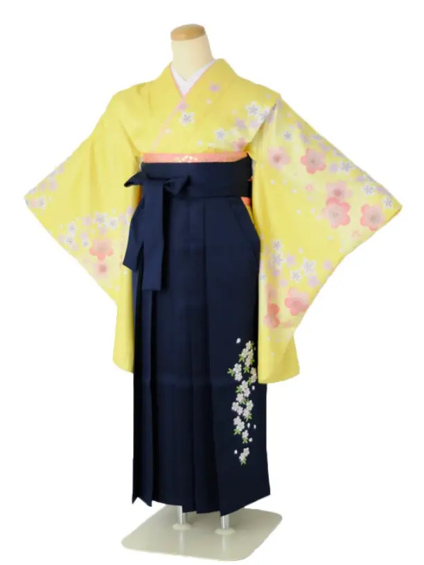 小学生卒業式袴女児 イエローピンク桜×紺桜刺繍 N003
