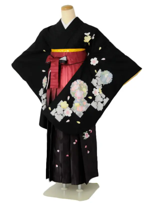 小学生卒業式袴女児c104黒花輪桜×赤絣ぼかし桜