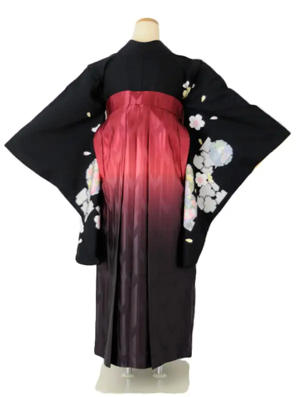 小学生卒業式袴女児 黒花輪桜×赤絣ぼかし桜 N004