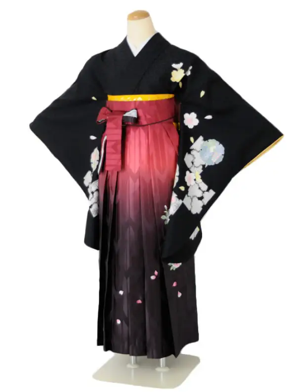 小学生卒業式袴女児 黒花輪桜×赤絣ぼかし桜 N004