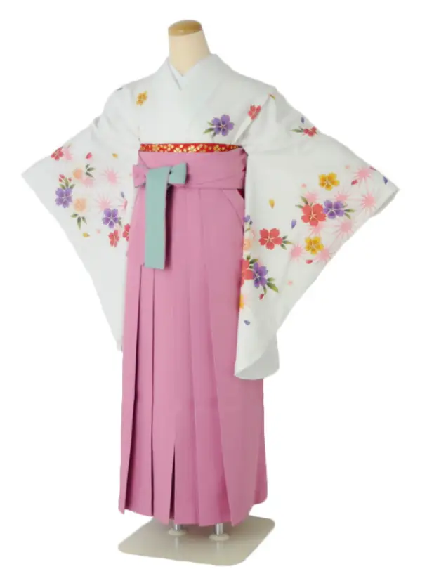 小学生卒業式袴女児 白麻の葉桜×ピンク N005